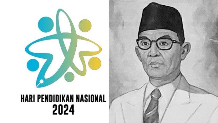 Foto Ki Hadjar Dewantara dan logo Hardiknas 2024