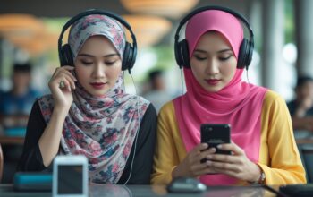 Dua wanita sedang mendengarkan musik