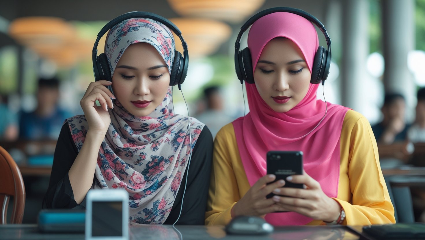 Dua wanita sedang mendengarkan musik