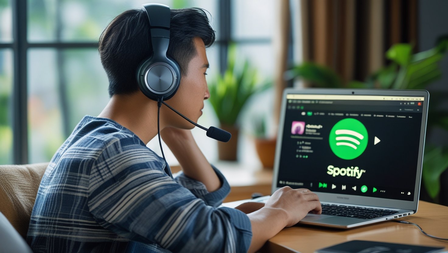 Seorang pria sedang mendengarkan lagu di platform musik spotify