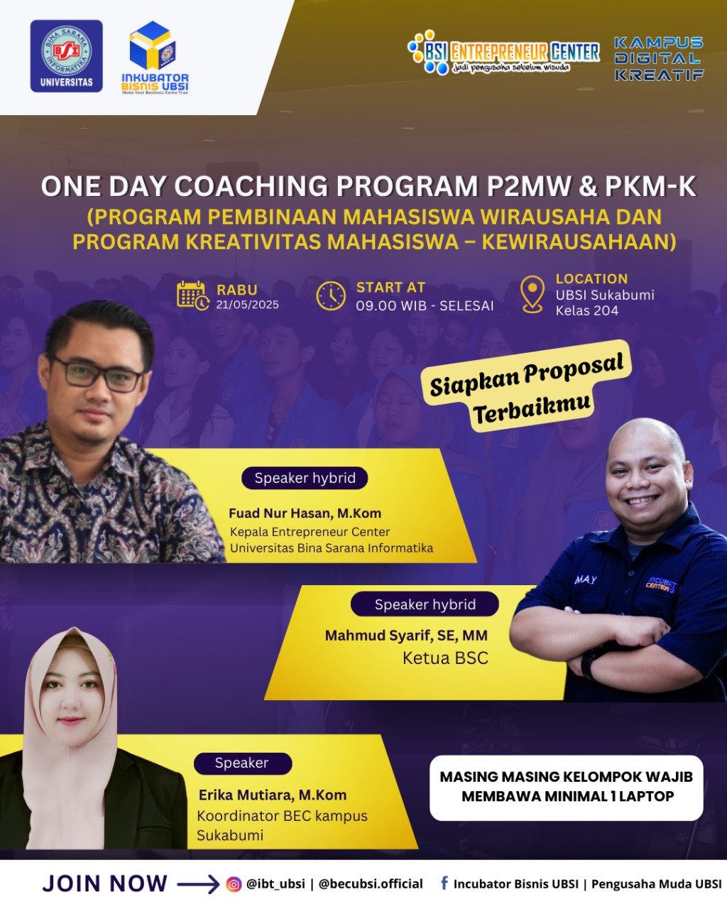 Poster resmi kegiatan “One Day Coaching Program P2MW & PKM-K” yang diselenggarakan UBSI Kampus Sukabumi melalui BSI Entrepreneur Center