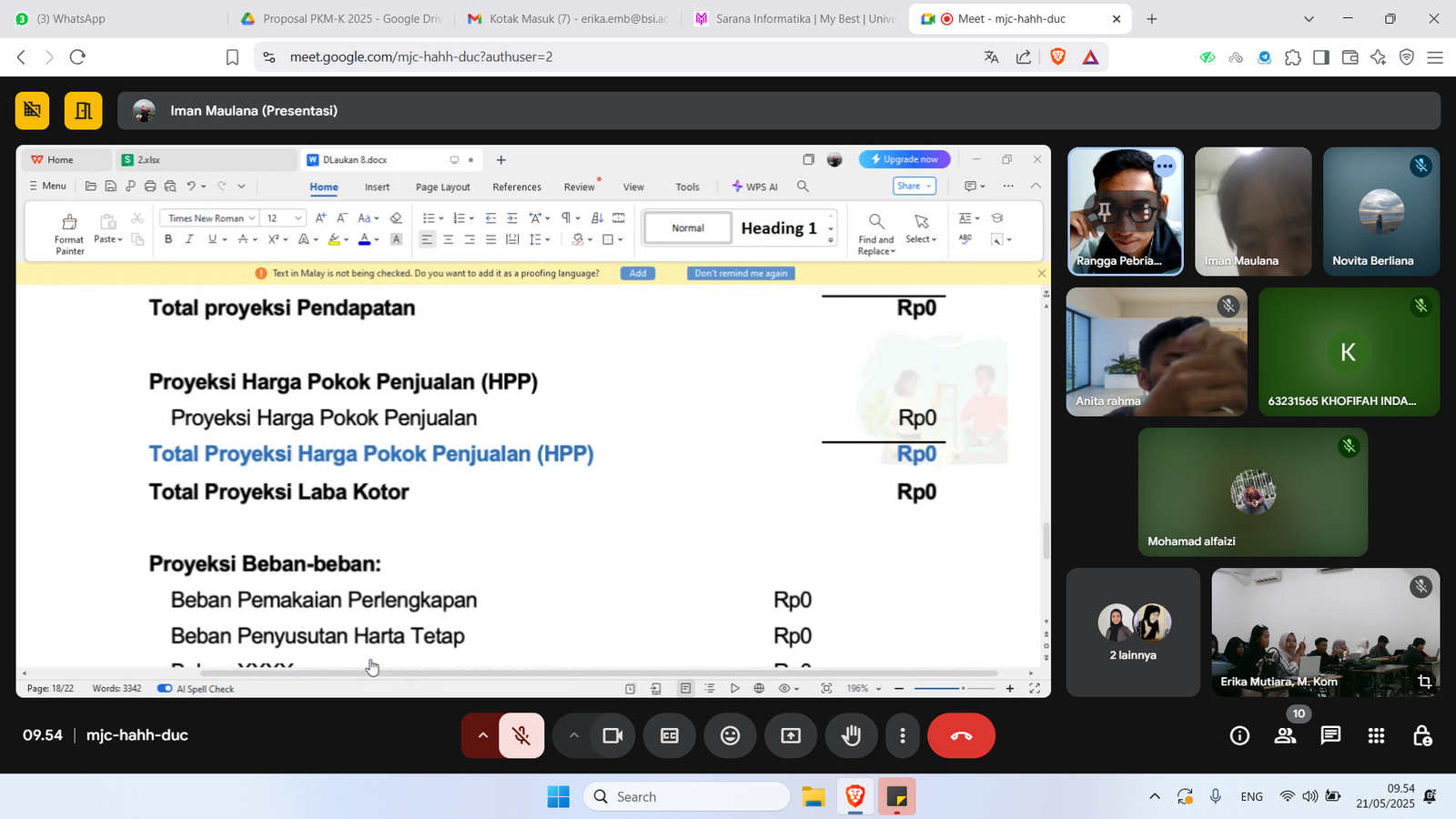 Tampilan sesi online melalui Google Meet saat pemateri memaparkan proyeksi keuangan proposal P2MW dan PKM-K kepada peserta