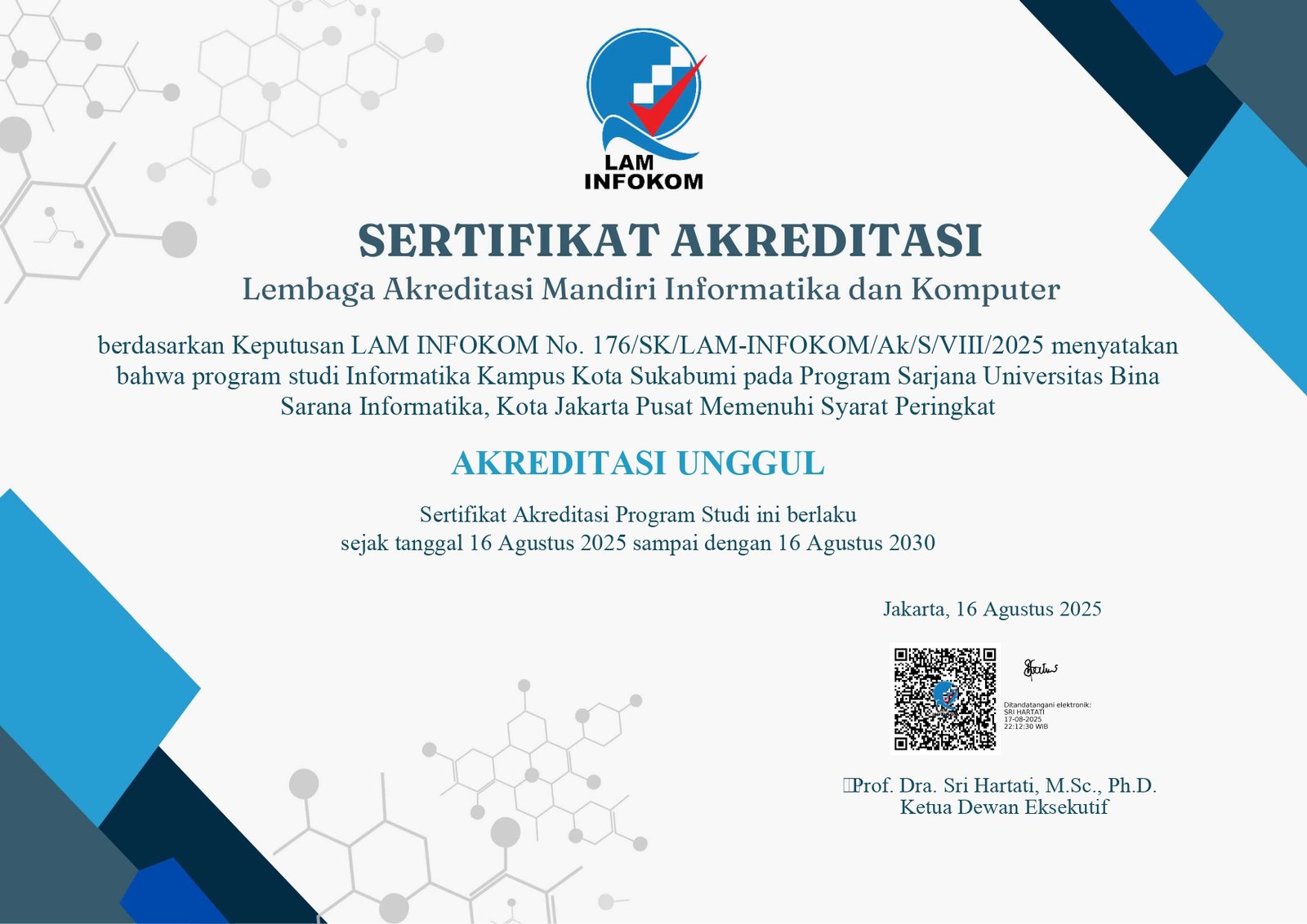 Sertifikat akreditasi unggul prodi informatika UBSI Sukabumi dari LAM INFOKOM | Doc. Istimewa