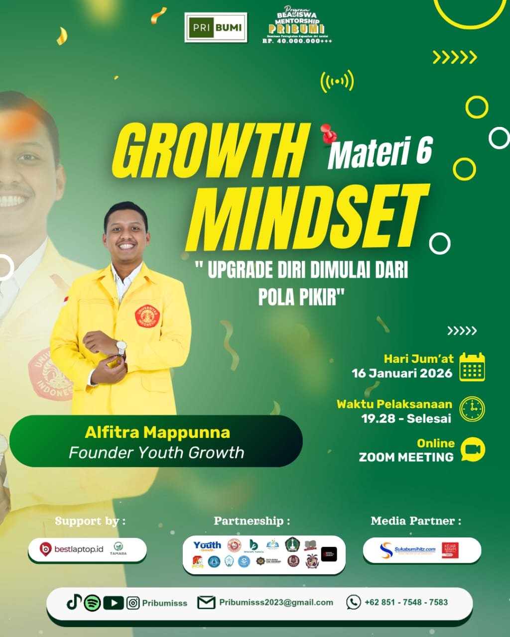 Flyer resmi sesi keenam Beasiswa Mentorship Pribumi bertema Upgrade Diri Dimulai dari Pola Pikir bersama Alfitra Mapunna | Doc. Istimewa