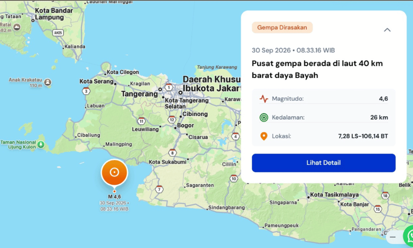 Gempa Magnitudo 4,6 Guncang Wilayah Selatan Bayah Banten